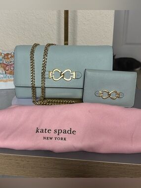 Kate Spade Cloud Mist Toujours Chain Clutch, Wallet, and Dust Bag